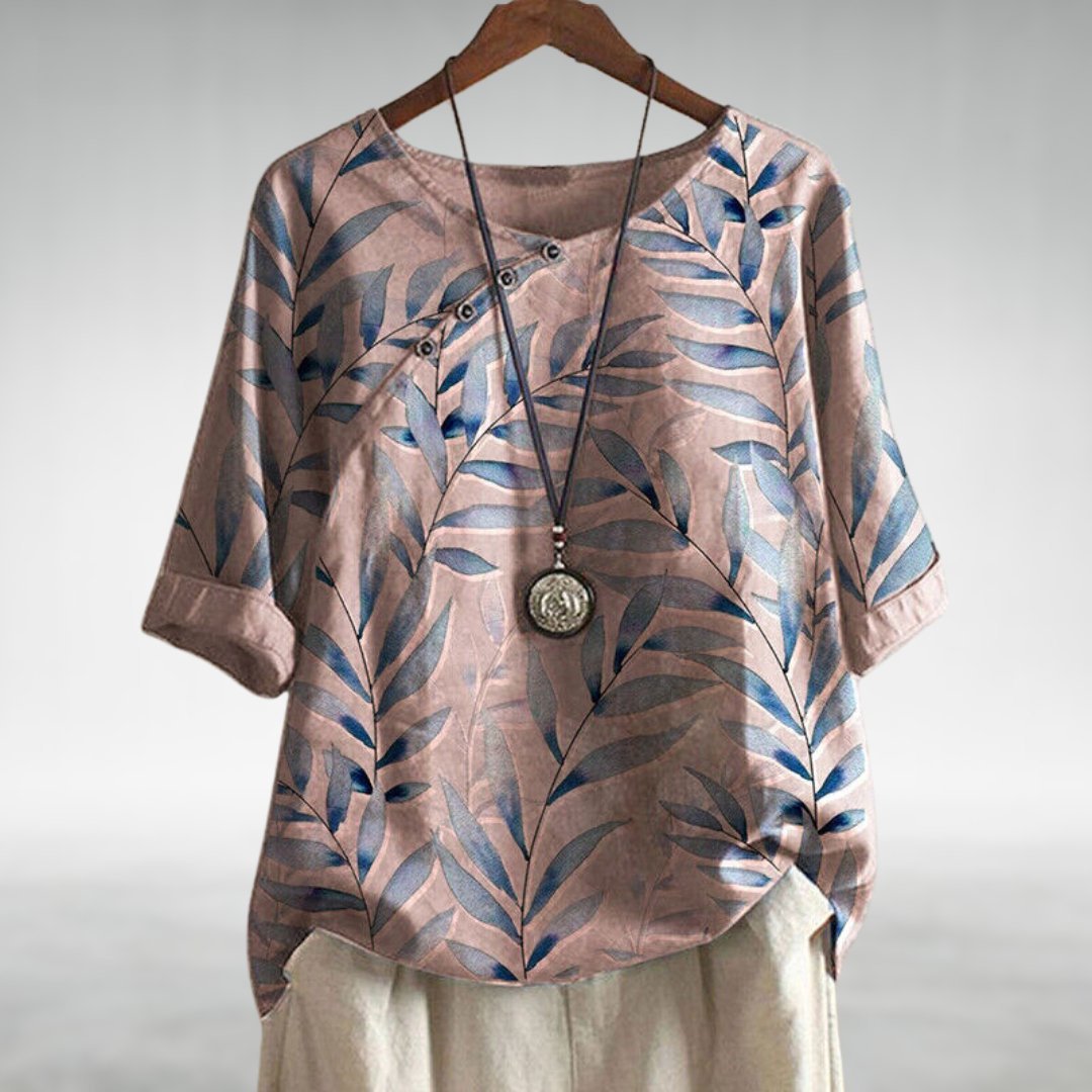Dame Afslappet Linen Bluse Korte Ærmer Blomsterprint - Pink