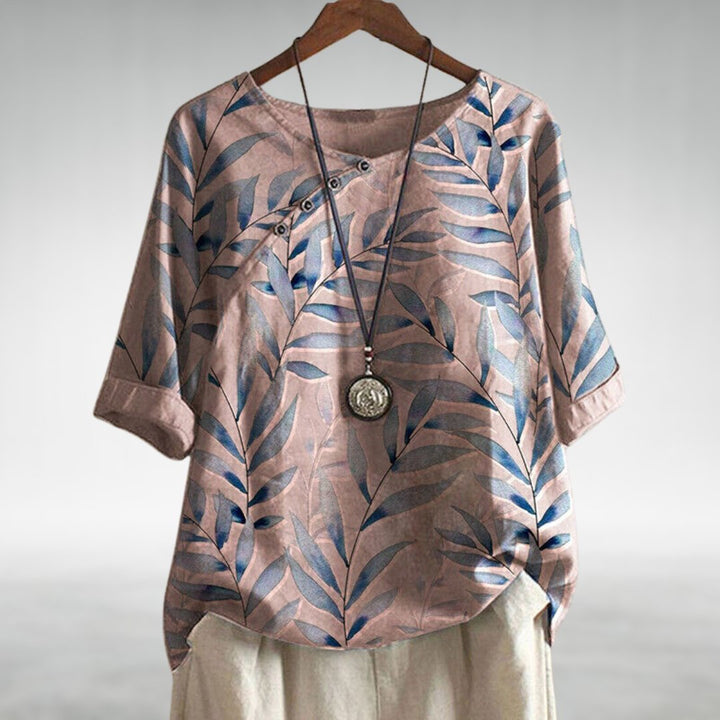 Dame Afslappet Linen Bluse Korte Ærmer Blomsterprint - Pink