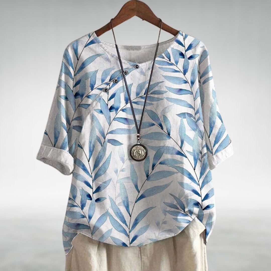 Dame Afslappet Linen Bluse Korte Ærmer Blomsterprint - White