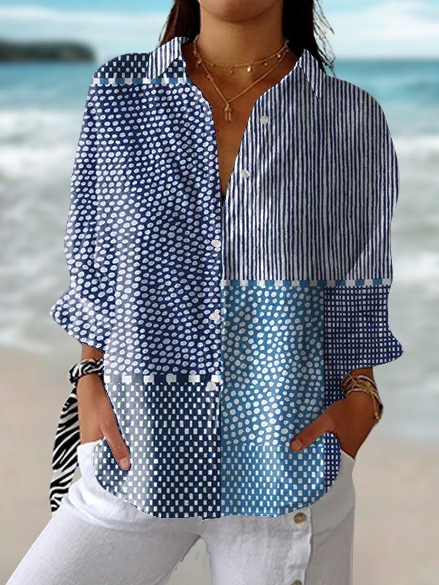 Dame Afslappet Patchwork Langærmet Knapbluse - Multicolour