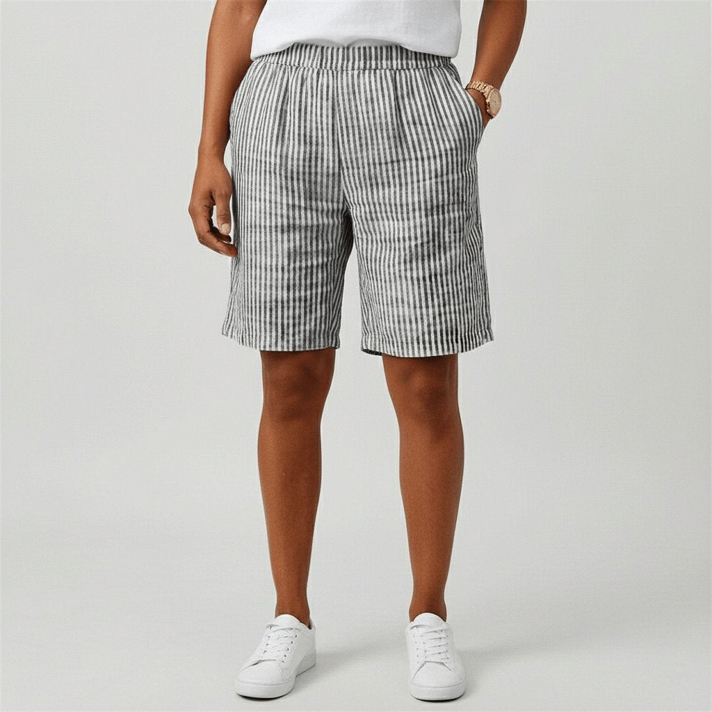 Dame Afslappet Stribet Shorts Elastisk Talje Sommer - Monochrome Grey