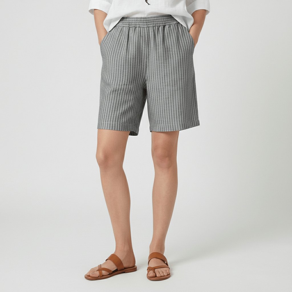 Dame Afslappet Stribet Shorts Elastisk Talje Sommer - Stone Grey