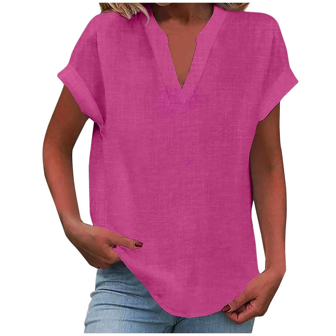 Dame Afslappet V-Udskæring Kortærmet Bluse - Bright Pink