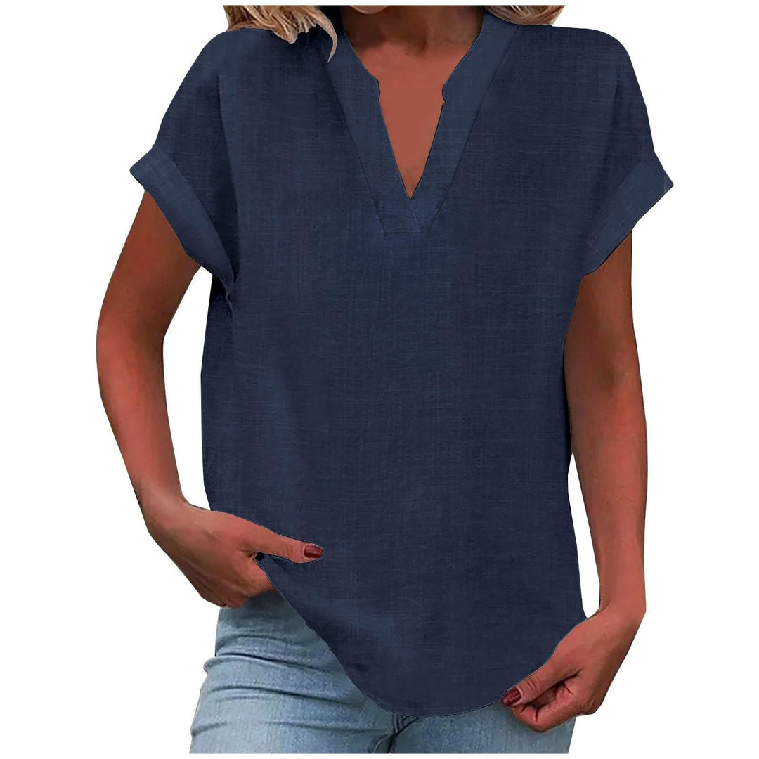 Dame Afslappet V-Udskæring Kortærmet Bluse - Navy Blue