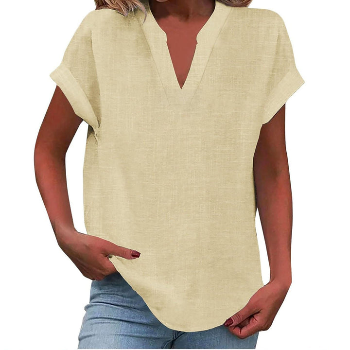 Dame Afslappet V-Udskæring Kortærmet Bluse - Beige