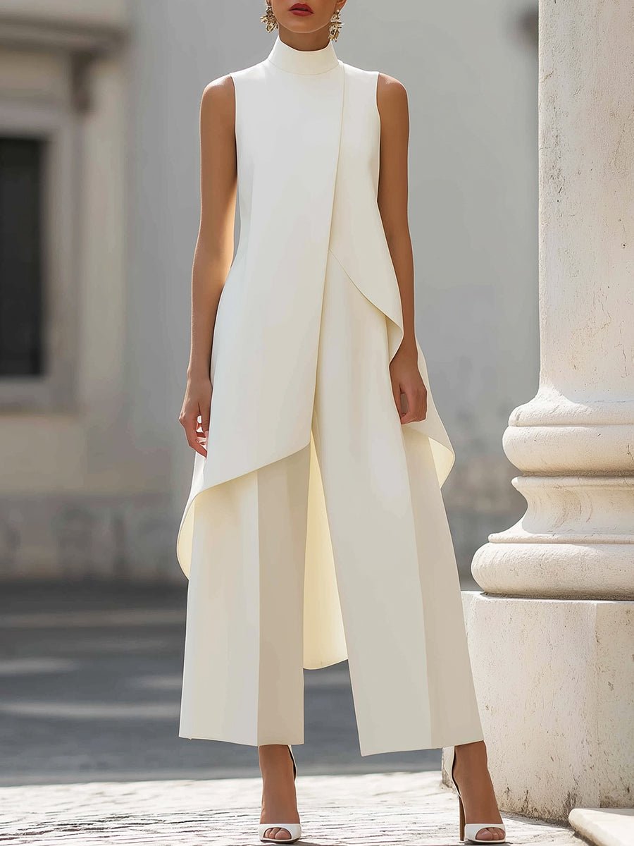 Dame Asymmetrisk High-Neck Ærmeløs Wide-Leg Bukse Sæt - White