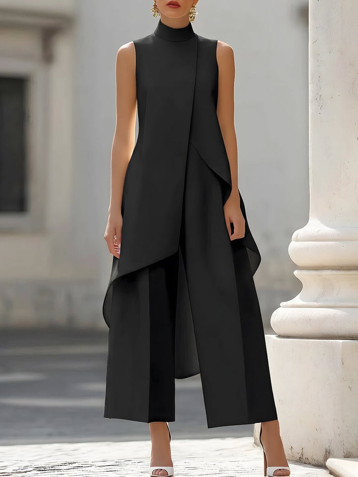 Dame Asymmetrisk High-Neck Ærmeløs Wide-Leg Bukse Sæt - Black
