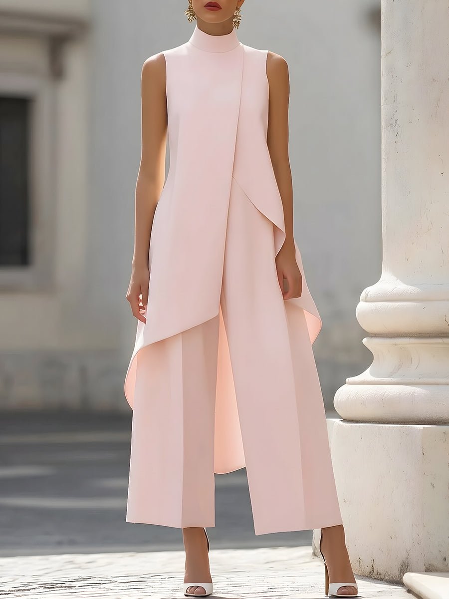 Dame Asymmetrisk High-Neck Ærmeløs Wide-Leg Bukse Sæt - Pink