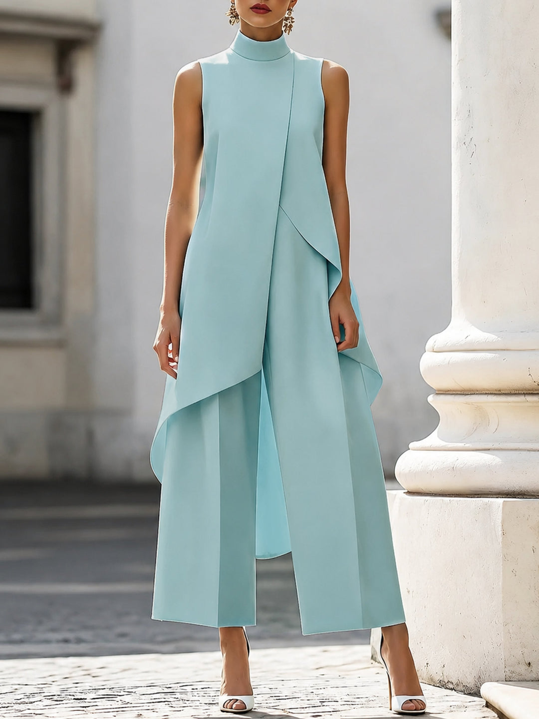 Dame Asymmetrisk High-Neck Ærmeløs Wide-Leg Bukse Sæt - Sky Blue