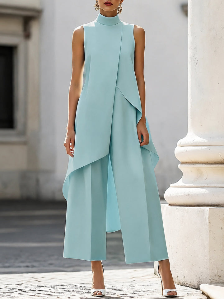 Dame Asymmetrisk High-Neck Ærmeløs Wide-Leg Bukse Sæt - Sky Blue