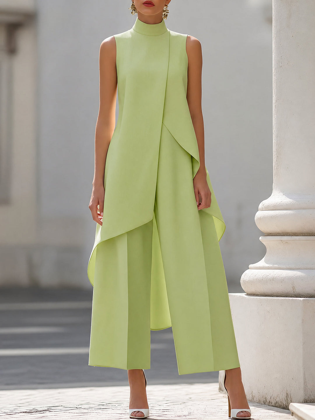 Dame Asymmetrisk High-Neck Ærmeløs Wide-Leg Bukse Sæt - Daiquiri Green