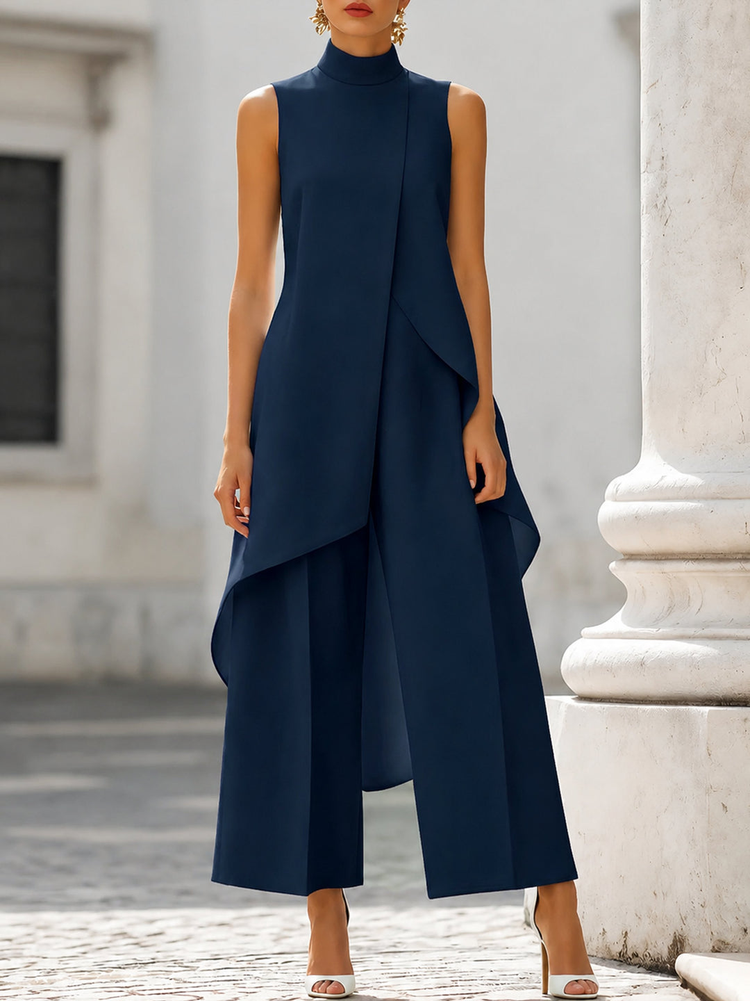 Dame Asymmetrisk High-Neck Ærmeløs Wide-Leg Bukse Sæt - Navy Blue