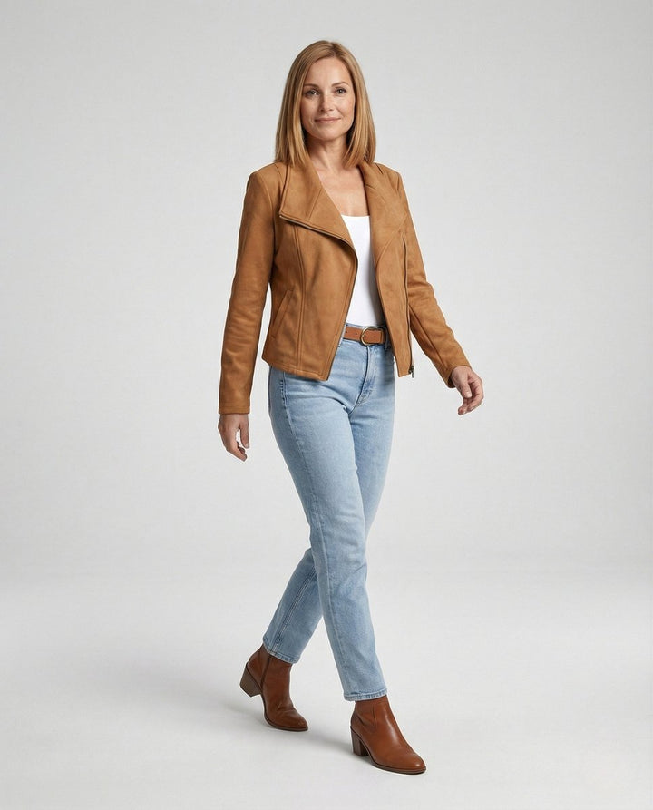 Dame Asymmetrisk Lynlås Biker Leather Jacket Ruskindslook