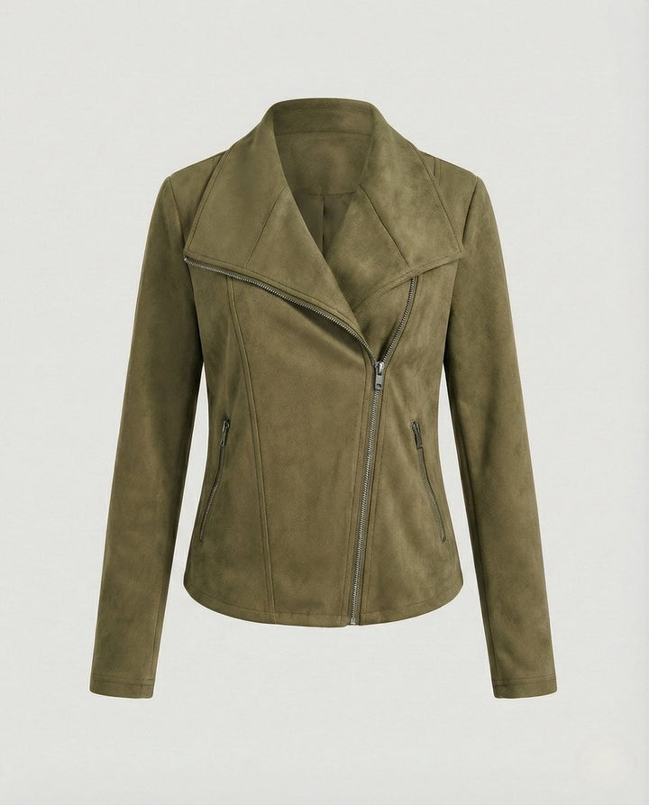 Dame Asymmetrisk Lynlås Biker Leather Jacket Ruskindslook