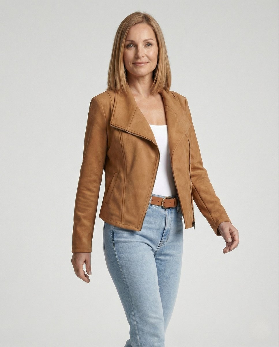 Dame Asymmetrisk Lynlås Biker Leather Jacket Ruskindslook