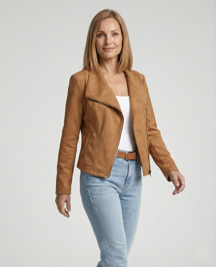 Dame Asymmetrisk Lynlås Biker Leather Jacket Ruskindslook