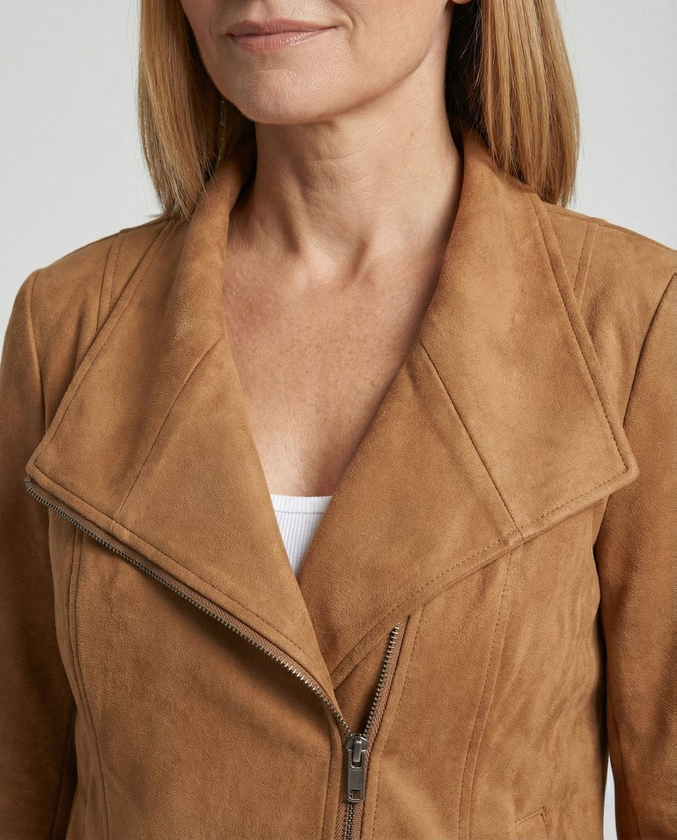 Dame Asymmetrisk Lynlås Biker Leather Jacket Ruskindslook