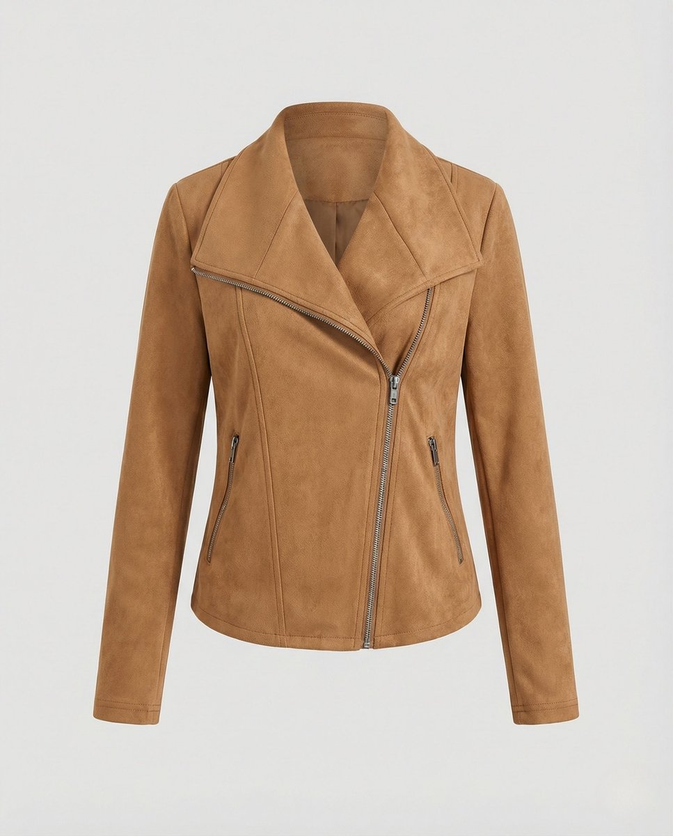 Dame Asymmetrisk Lynlås Biker Leather Jacket Ruskindslook