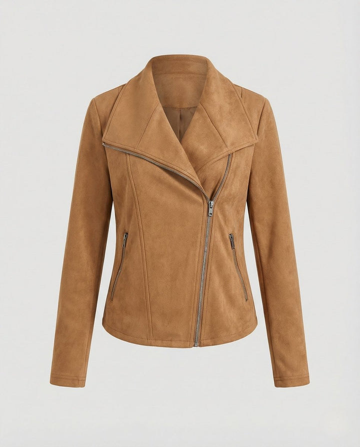 Dame Asymmetrisk Lynlås Biker Leather Jacket Ruskindslook