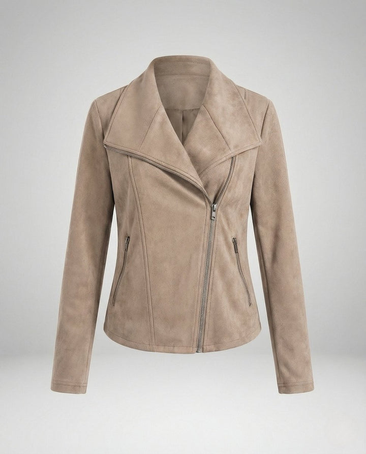 Dame Asymmetrisk Lynlås Biker Leather Jacket Ruskindslook - Abrikos