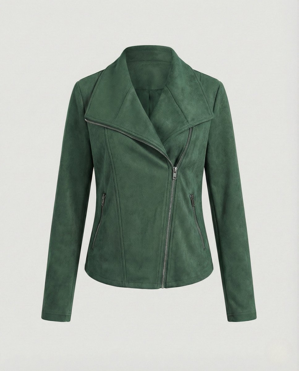 Dame Asymmetrisk Lynlås Biker Leather Jacket Ruskindslook
