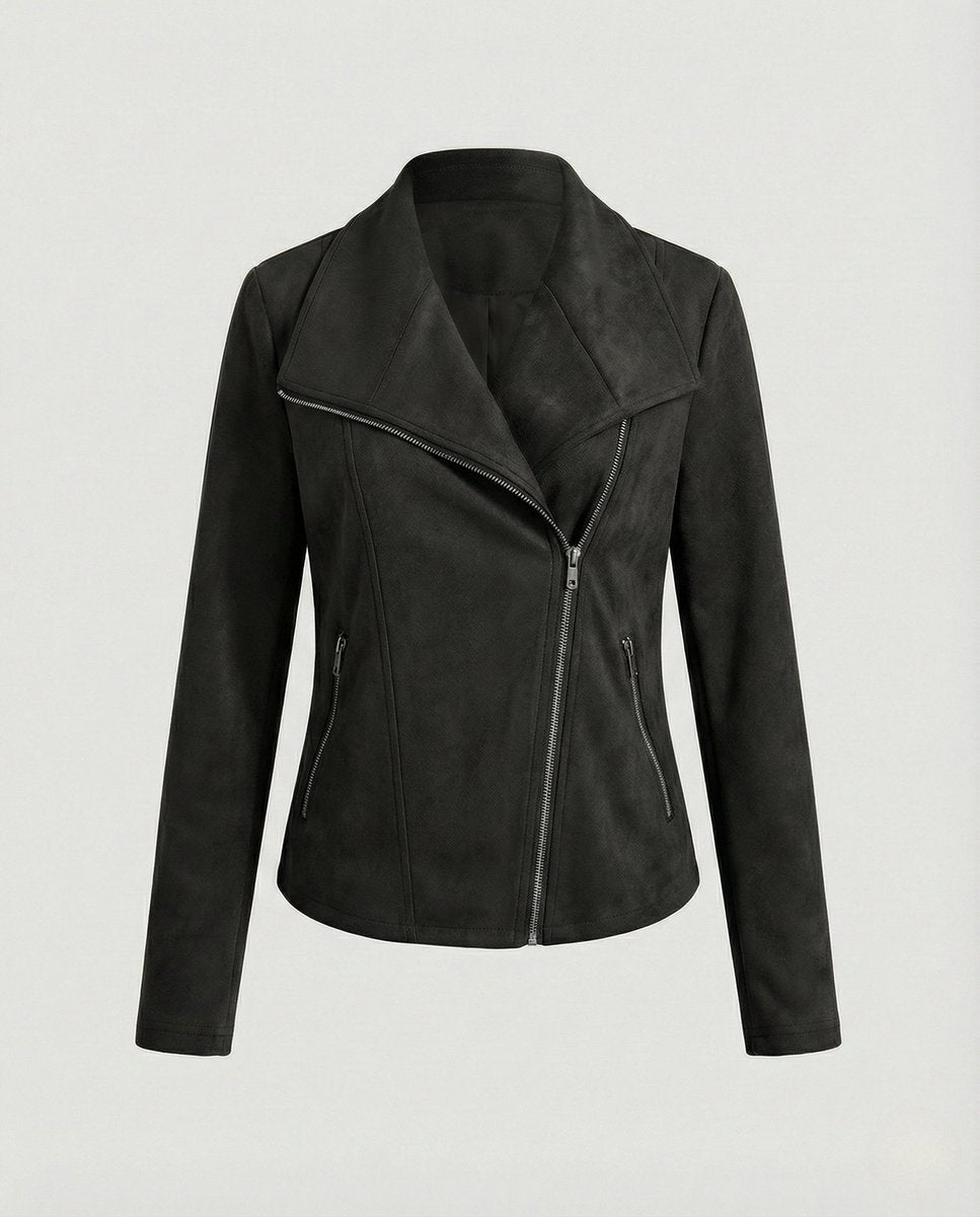 Dame Asymmetrisk Lynlås Biker Leather Jacket Ruskindslook - Sort