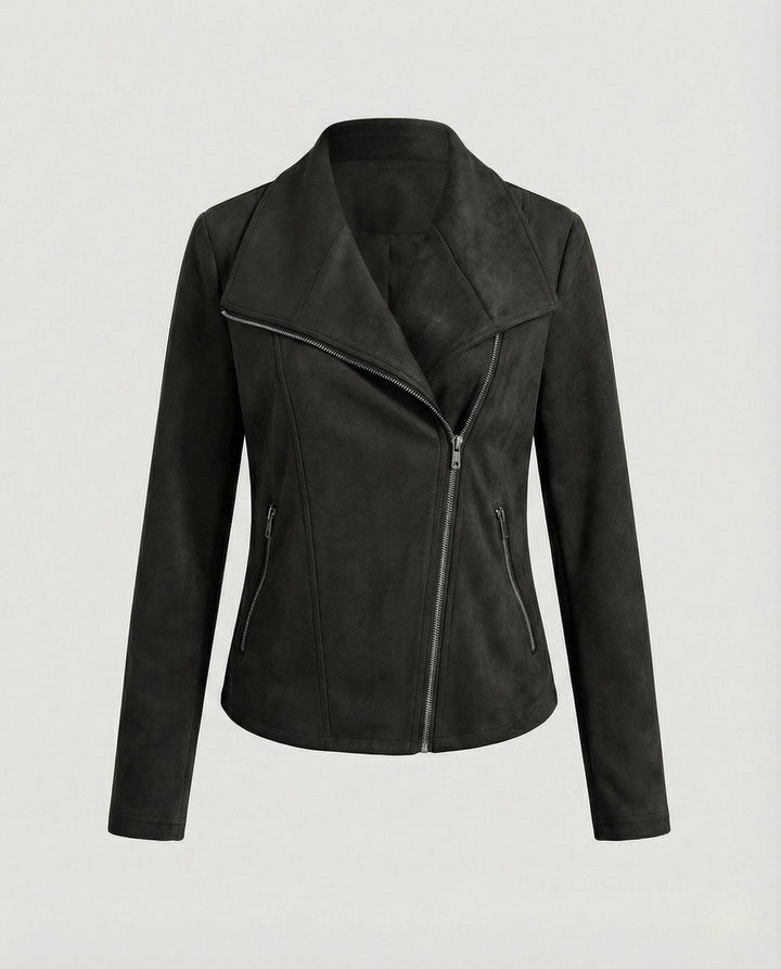 Dame Asymmetrisk Lynlås Biker Leather Jacket Ruskindslook - Sort
