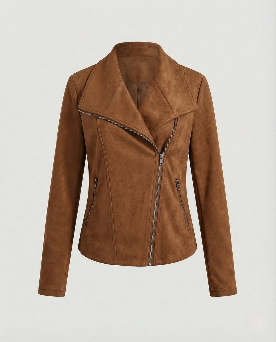 Dame Asymmetrisk Lynlås Biker Leather Jacket Ruskindslook - Kamel