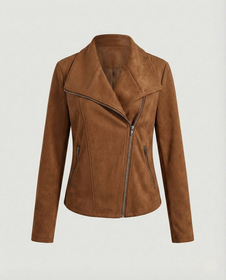 Dame Asymmetrisk Lynlås Biker Leather Jacket Ruskindslook - Kamel