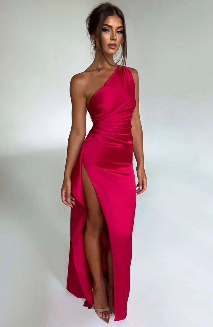 Dame Asymmetrisk One-Shoulder Satin Maxi Aftenkjole Høj Slids - Red