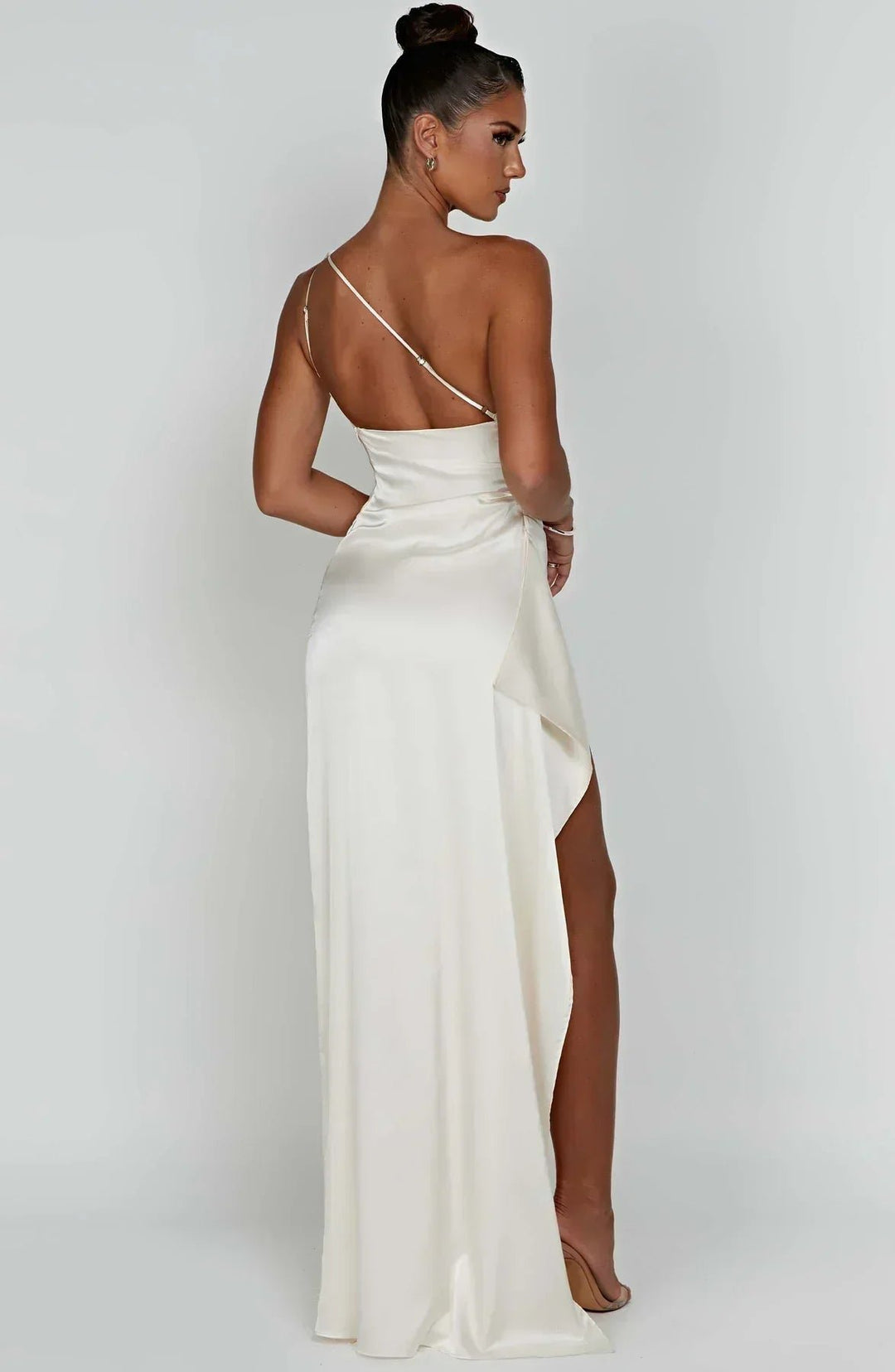 Dame Asymmetrisk One-Shoulder Satin Maxi Aftenkjole Høj Slids