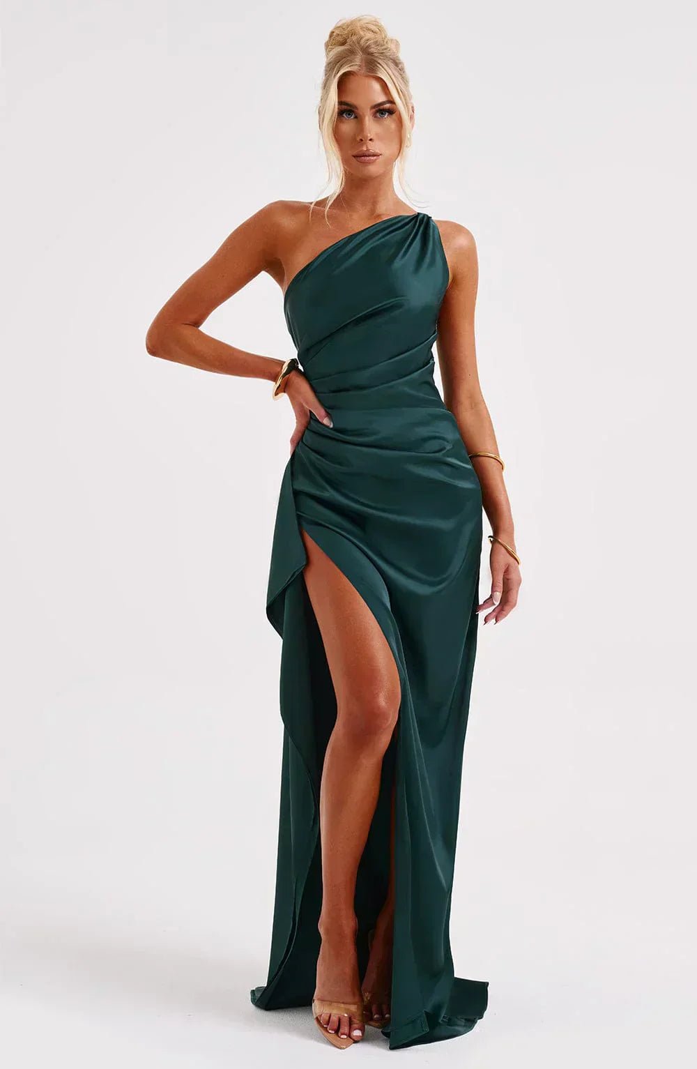 Dame Asymmetrisk One-Shoulder Satin Maxi Aftenkjole Høj Slids - Dark Teal Green