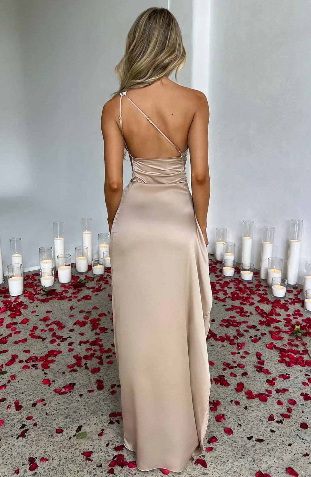 Dame Asymmetrisk One-Shoulder Satin Maxi Aftenkjole Høj Slids
