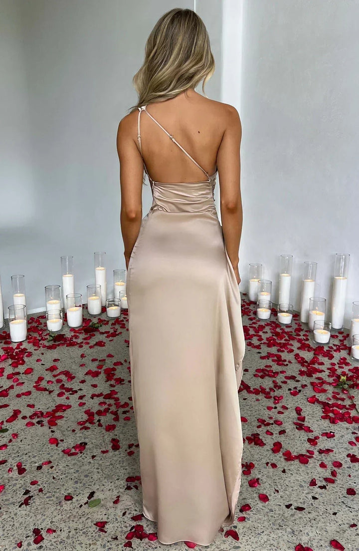 Dame Asymmetrisk One-Shoulder Satin Maxi Aftenkjole Høj Slids