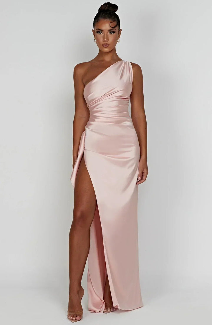 Dame Asymmetrisk One-Shoulder Satin Maxi Aftenkjole Høj Slids - Pink
