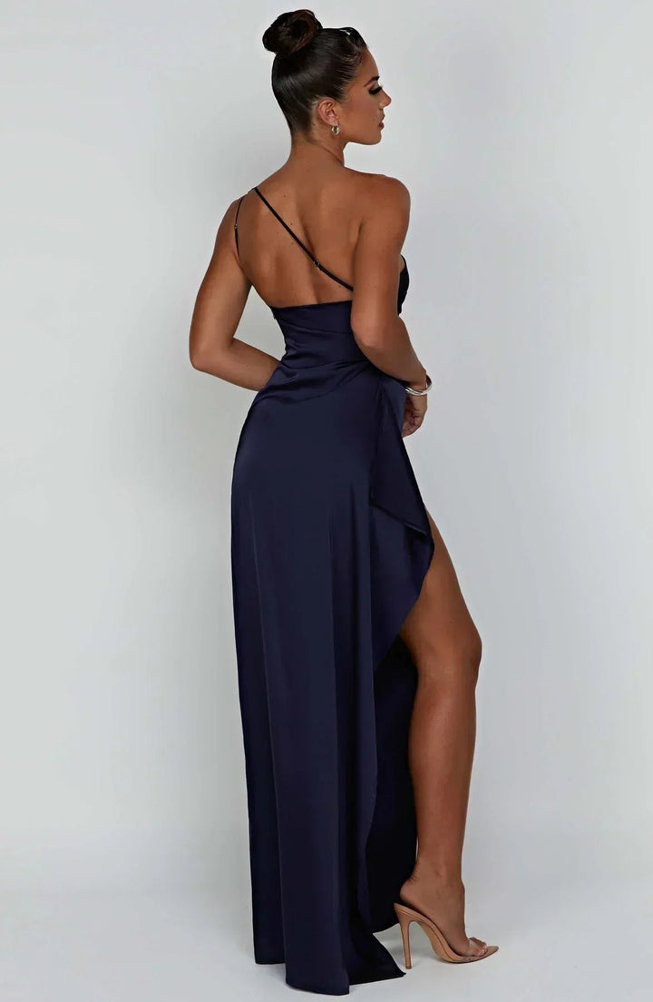 Dame Asymmetrisk One-Shoulder Satin Maxi Aftenkjole Høj Slids