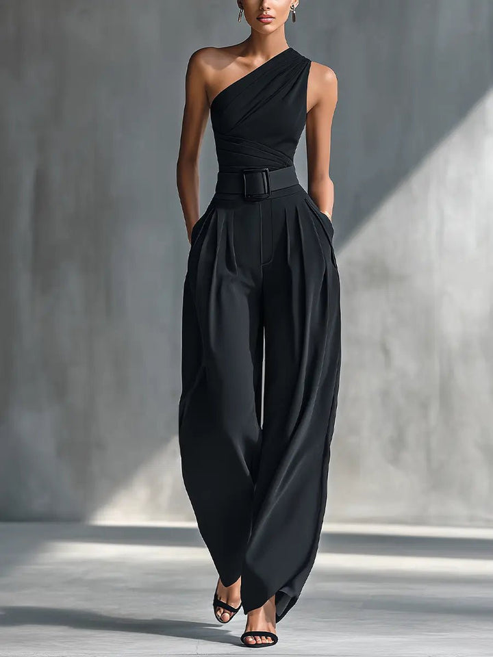 Dame Asymmetrisk Strik Top Wide-Leg Bukser Sæt - Black