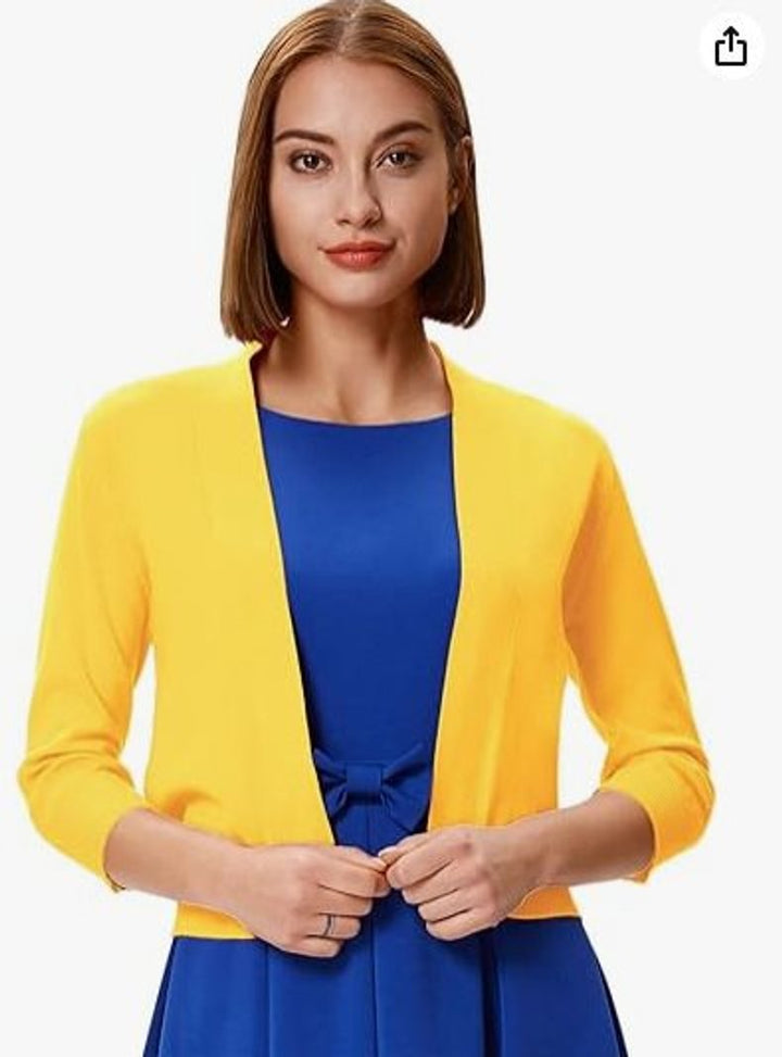 Dame åben kortærmet cardigan med 3/4 ærmer - Gul