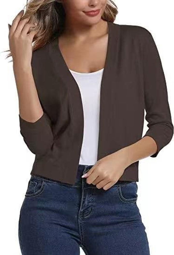 Dame åben kortærmet cardigan med 3/4 ærmer - Brun