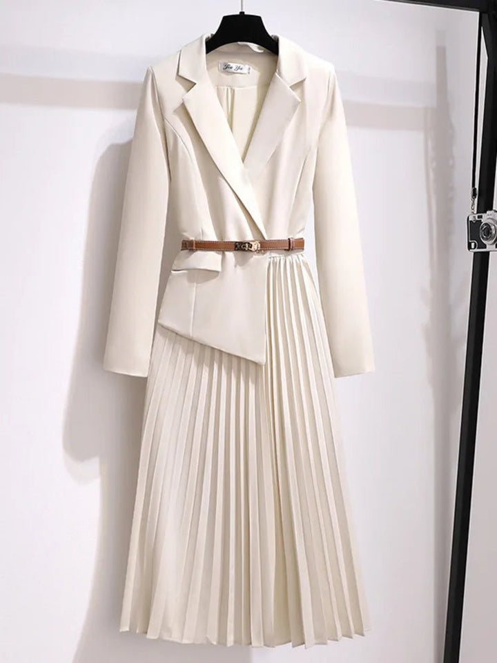 Dame Blazer-Stil Plisseret Midi Kjole med Bælte