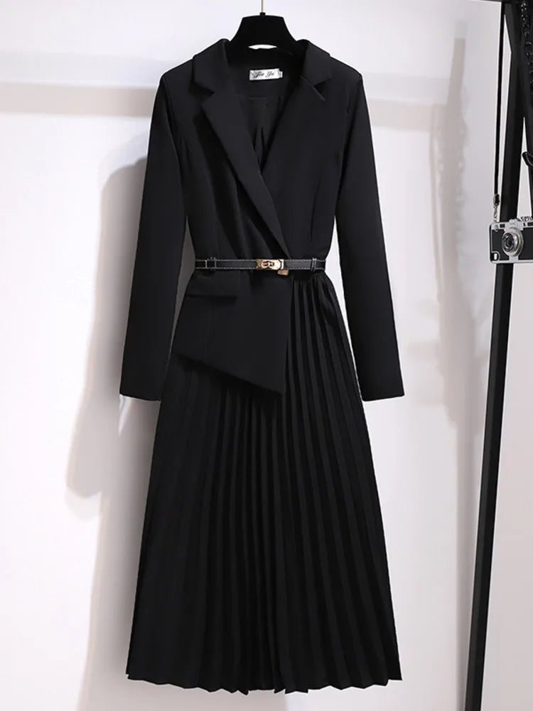 Dame Blazer-Stil Plisseret Midi Kjole med Bælte - Black