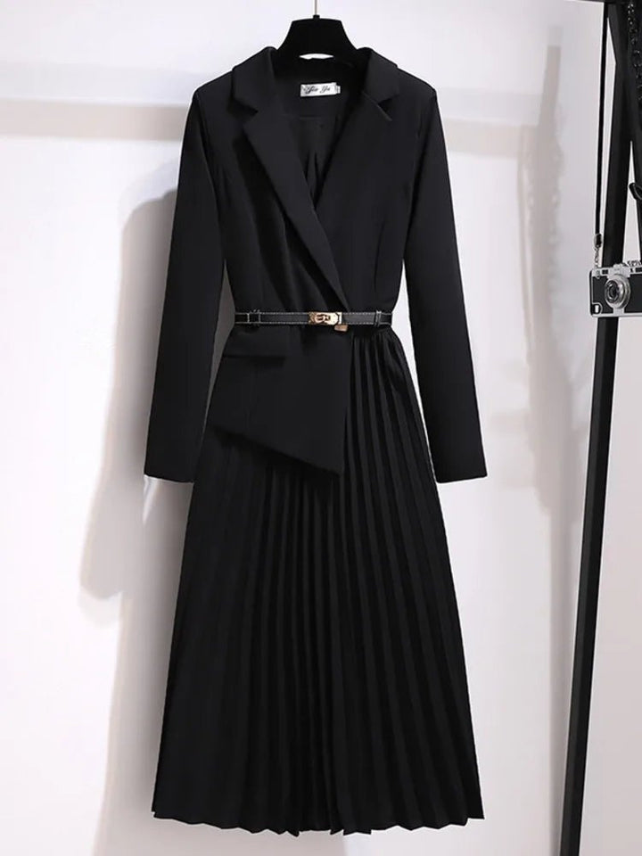 Dame Blazer-Stil Plisseret Midi Kjole med Bælte - Black