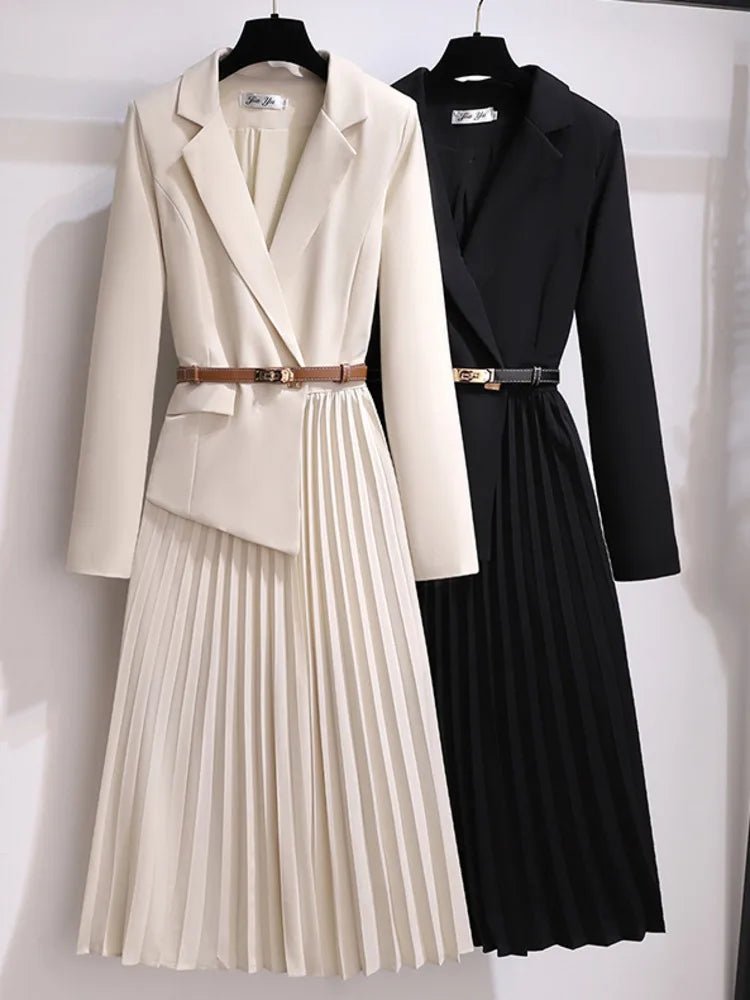 Dame Blazer-Stil Plisseret Midi Kjole med Bælte