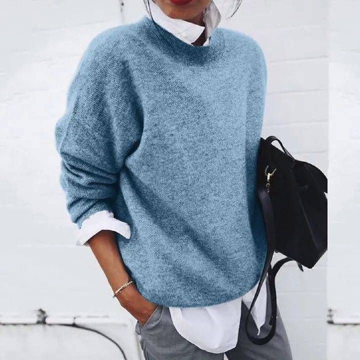 Dame Blød Kashmir-Blend Oversize Rundhalset Pullover Sweater - Blue