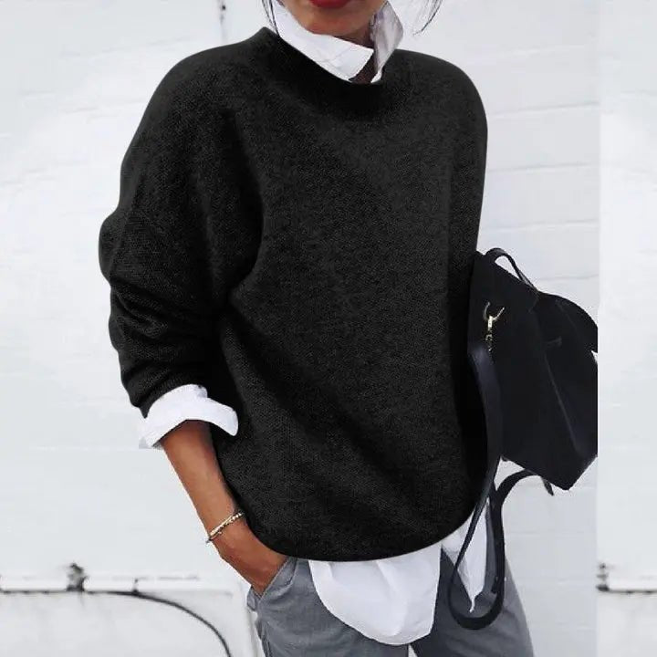 Dame Blød Kashmir-Blend Oversize Rundhalset Pullover Sweater - Black