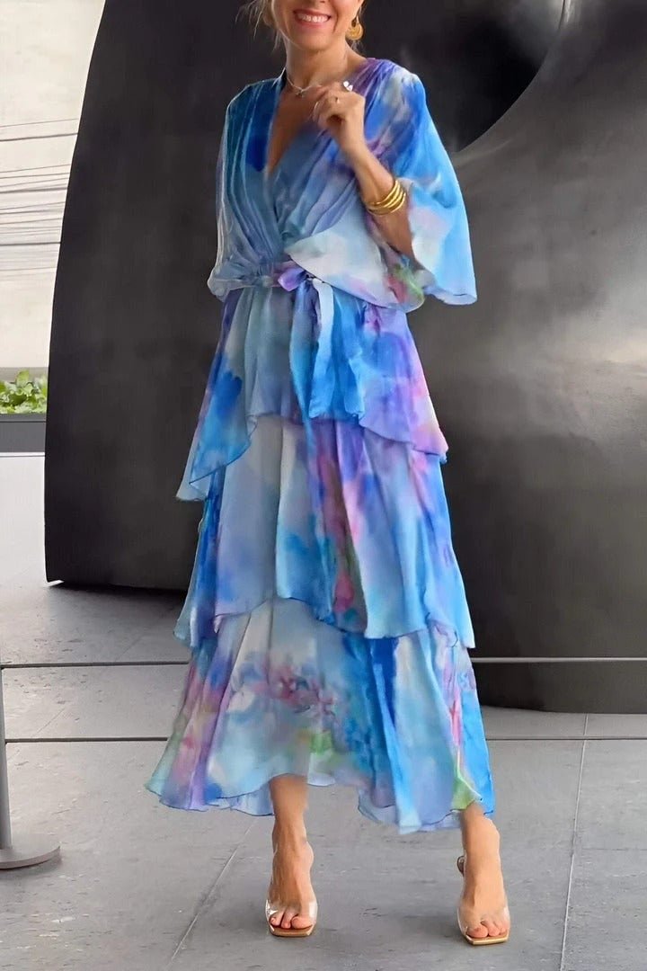 Dame Blomster Chiffon Lagdelt Kjole - Blue