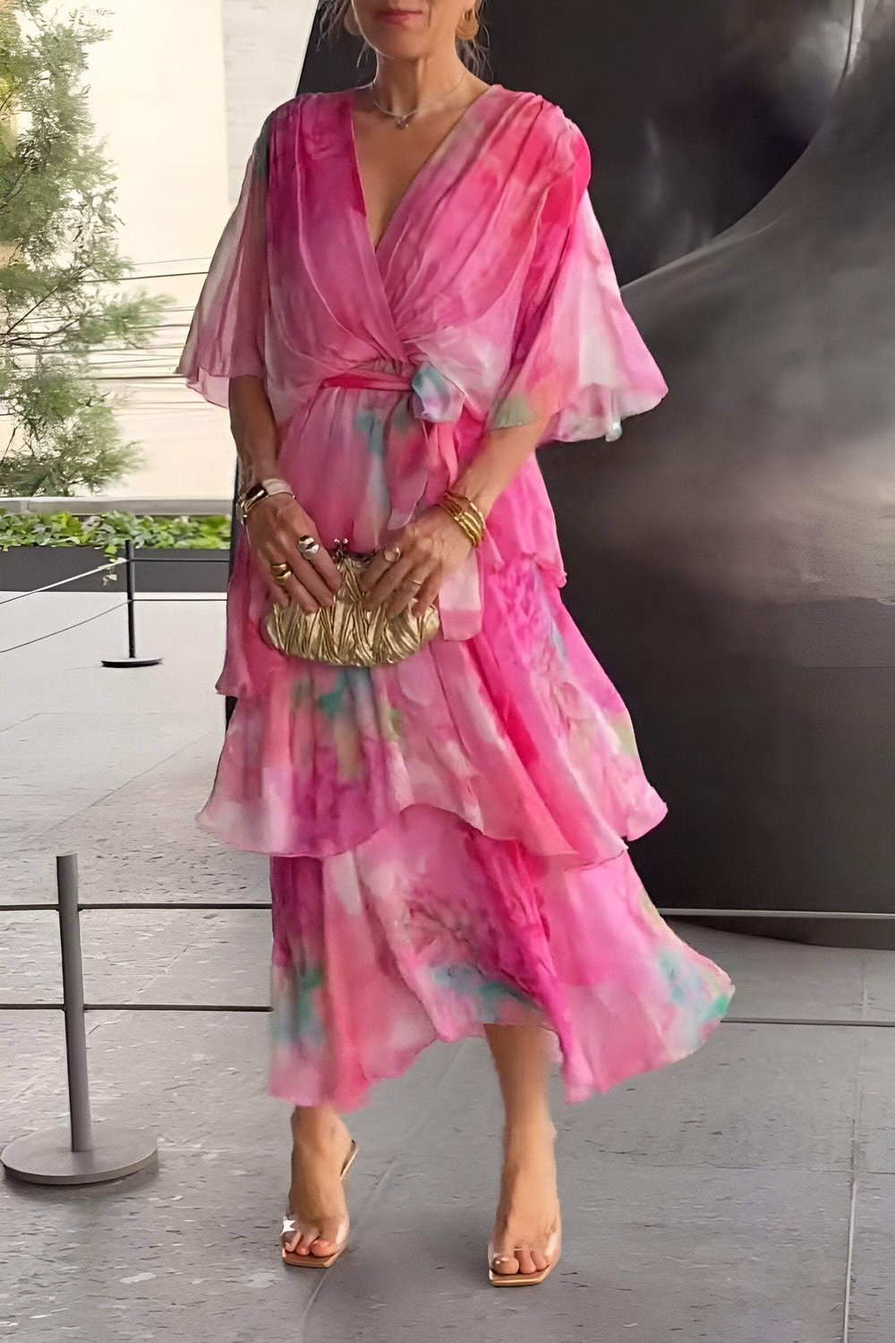 Dame Blomster Chiffon Lagdelt Kjole - Pink