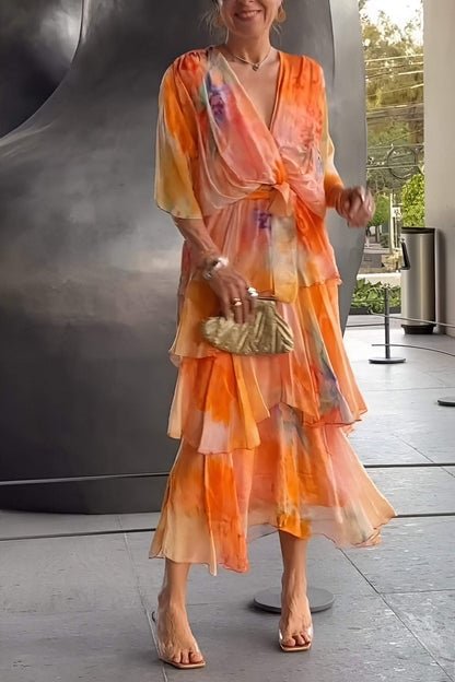 Dame Blomster Chiffon Lagdelt Kjole - Orange