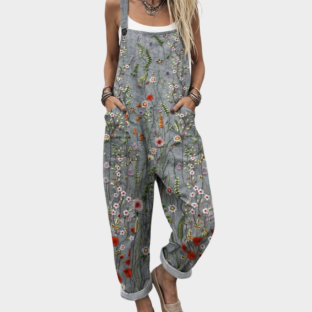 Dame Blomsterbroderet Boho Hør Jumpsuit - Grey / Floral