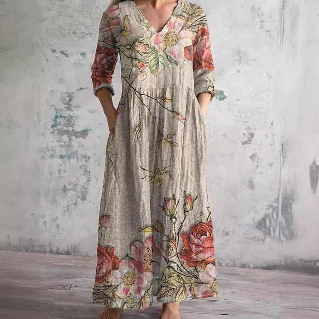 Dame Blomsterprint V-hals Maxi Sommerkjole - Beige